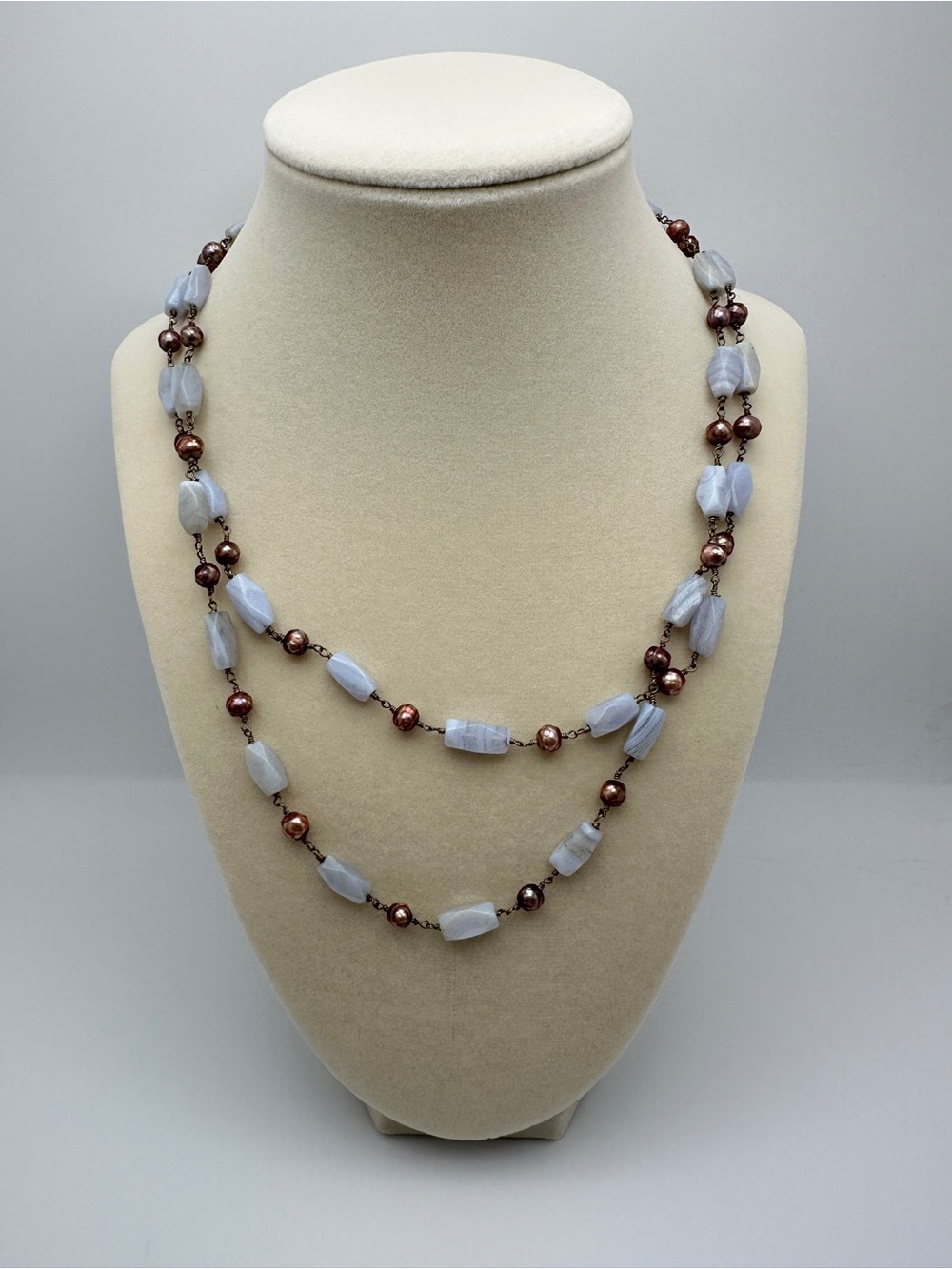 Blue Lace Agate and Copper Bead Double Strand Necklace - Women Jewelry